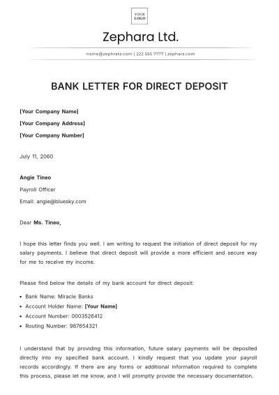 Free Bank Letter for Direct Deposit Template to Edit Online