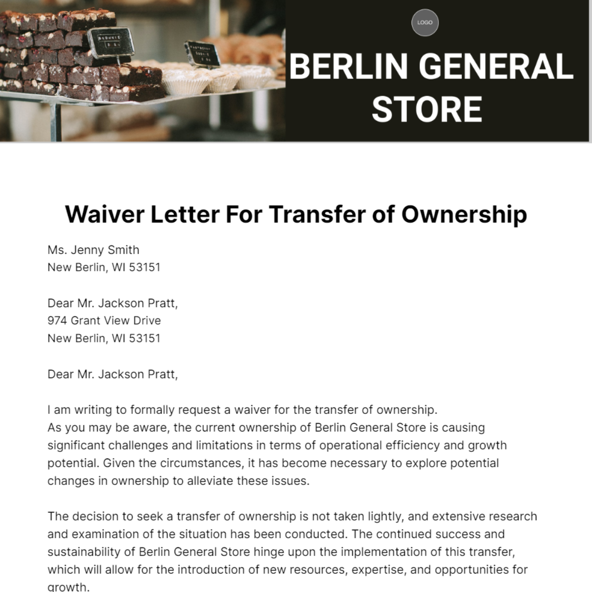 Waiver Letter for Transfer of Ownership Template