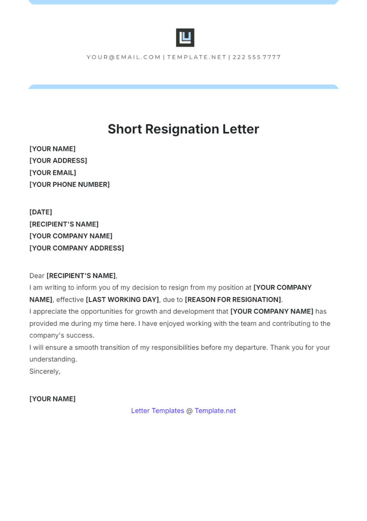 Short Resignation Letter Format Template