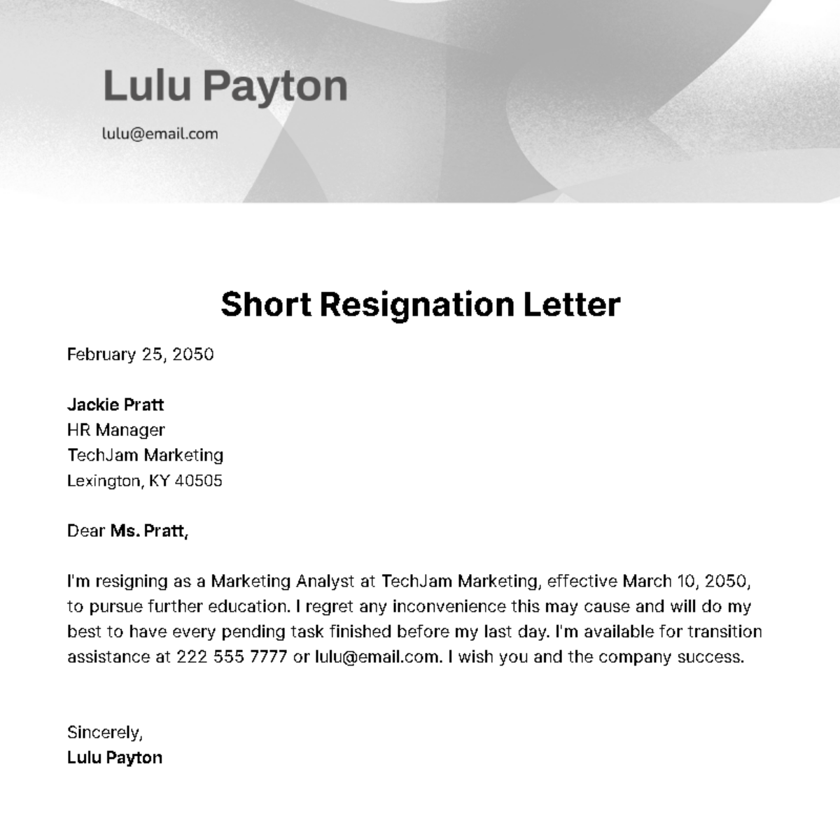 Short Resignation Letter Template