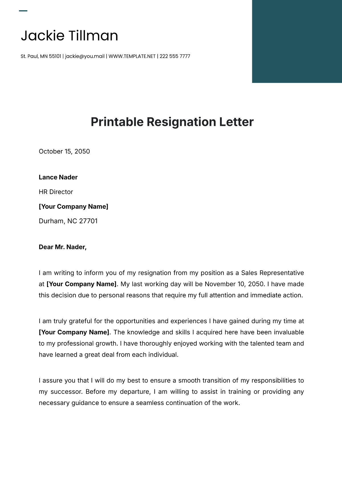 Printable Resignation Letter Template - Edit Online & Download