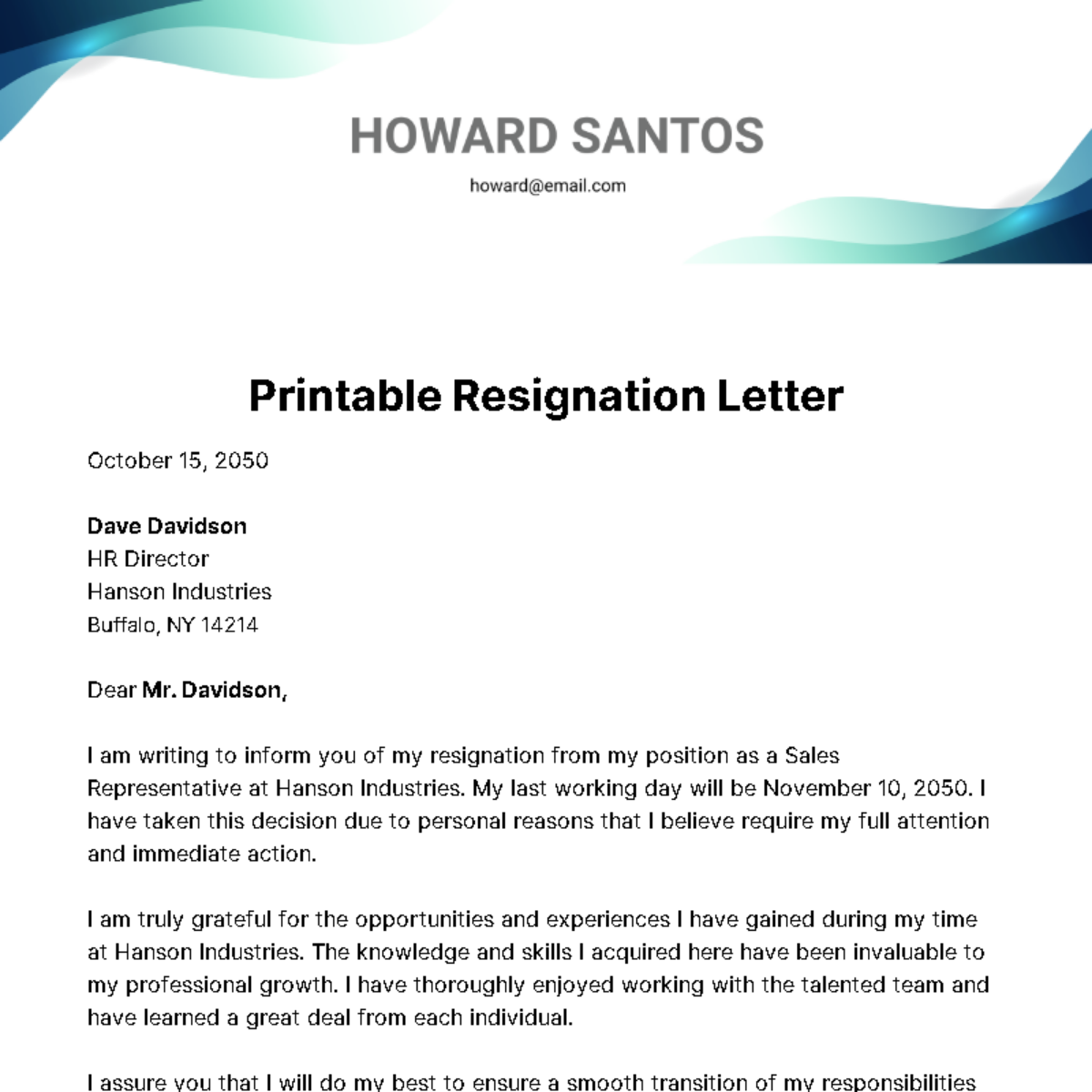 Printable Resignation Letter Template