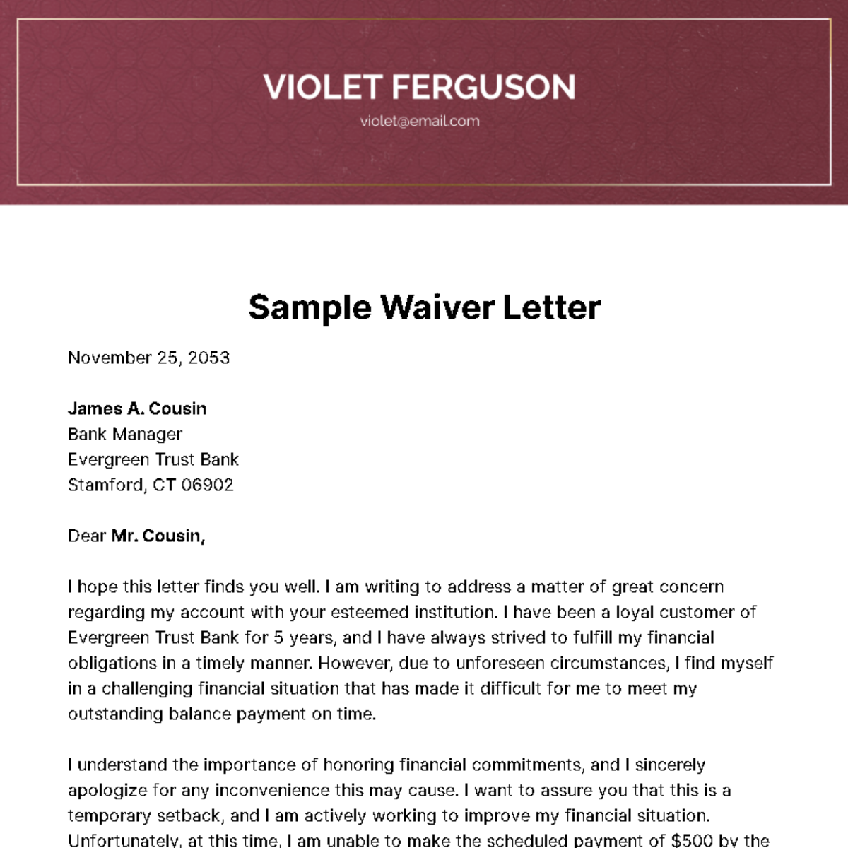 Sample Waiver Letter Template