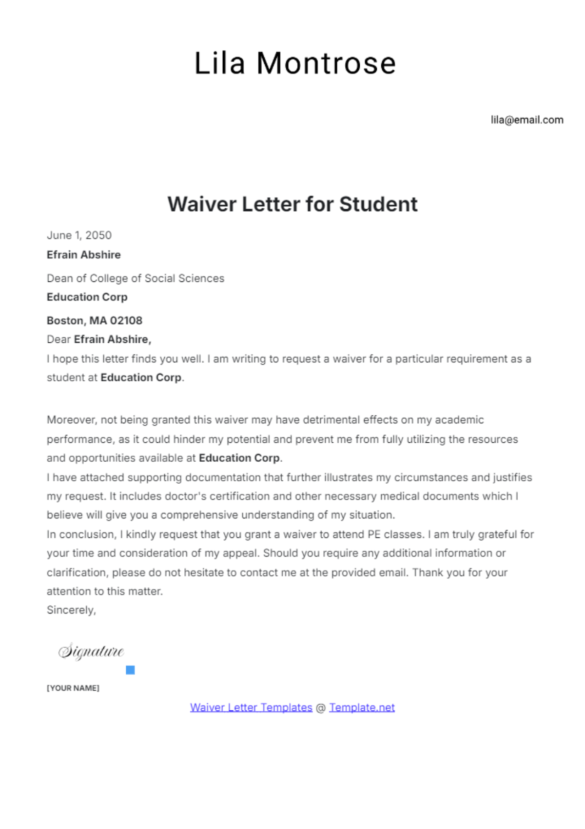 Waiver Letter for Student Template - Edit Online & Download