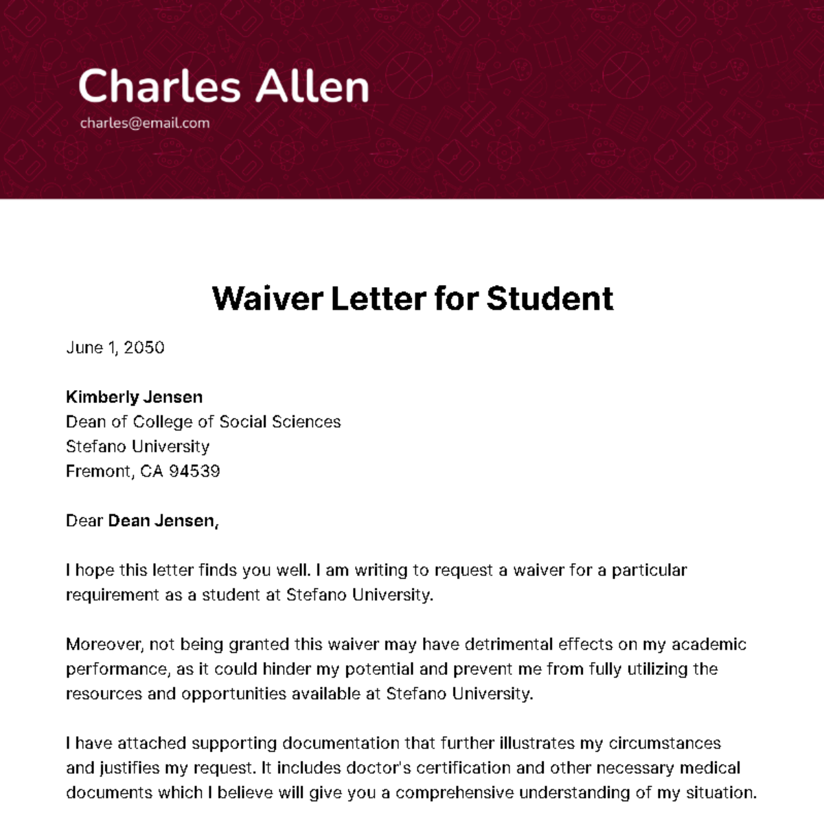 Free Waiver Letter for Student Template