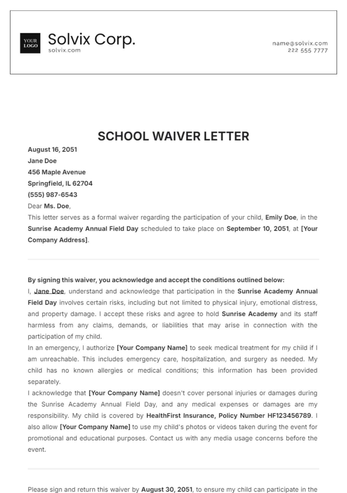 School Waiver Letter Template - Edit Online & Download