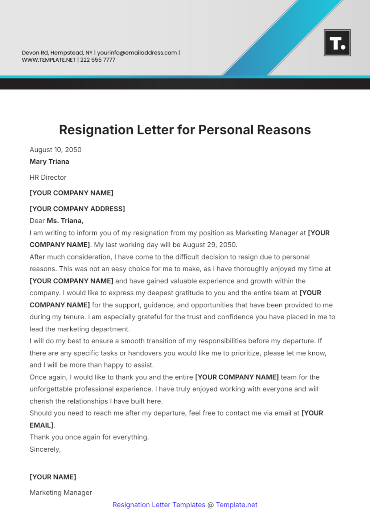 Resignation Letter for Personal Reasons Template