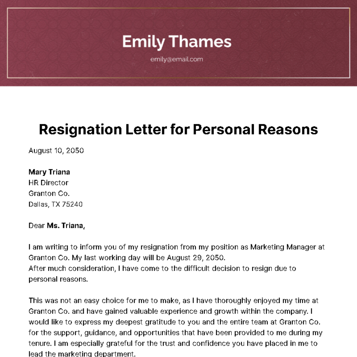 Free Resignation Letter for Personal Reasons Template
