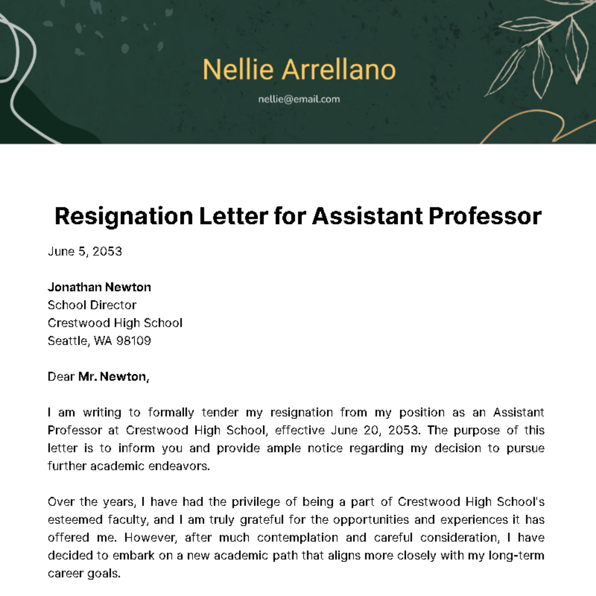 Free Resignation Letter for Assistant Professor Template