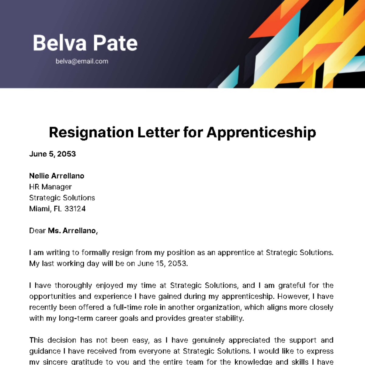 Resignation Letter for Apprenticeship Template