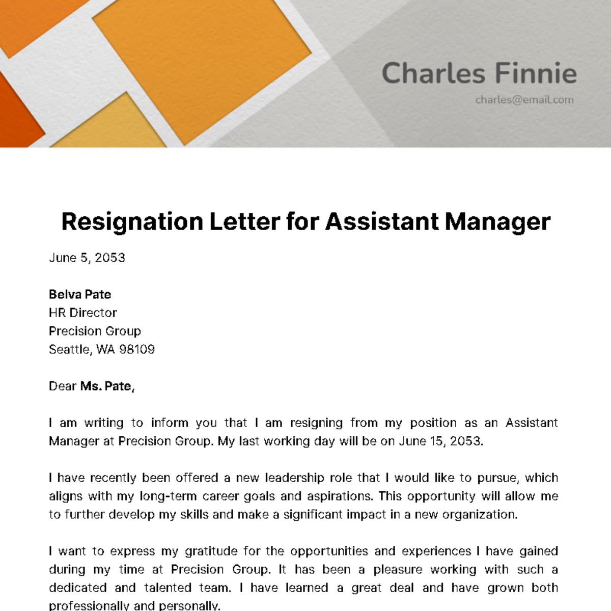 Free Resignation Letter for Assistant Manager Template