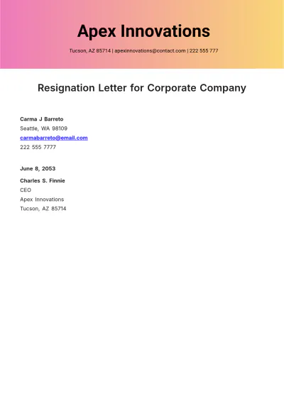 Free Resignation Letter for Corporate Company Template to Edit Online