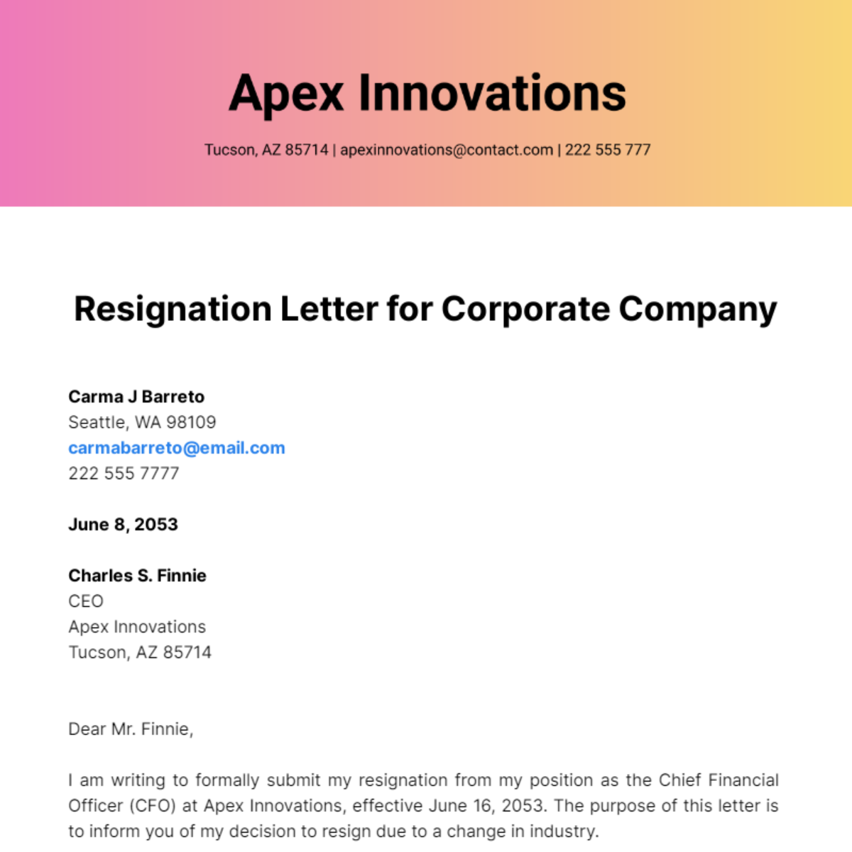 Resignation Letter for Corporate Company Template