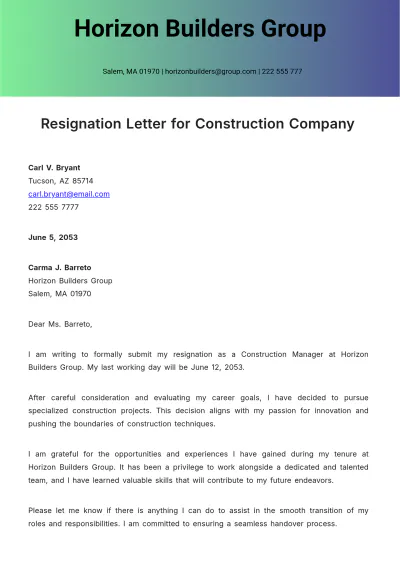 Free Resignation Letter for Construction Company Template to Edit Online