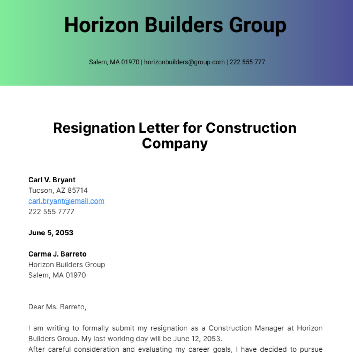 Free Resignation Letter for Construction Company Template