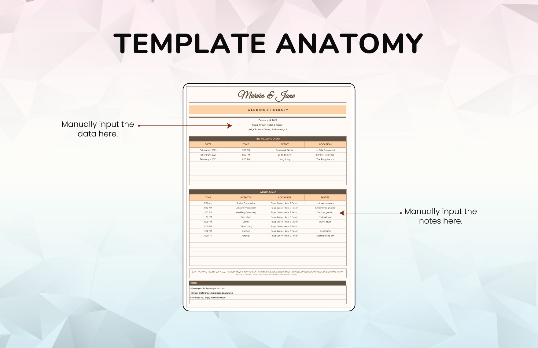 Wedding Itinerary Template