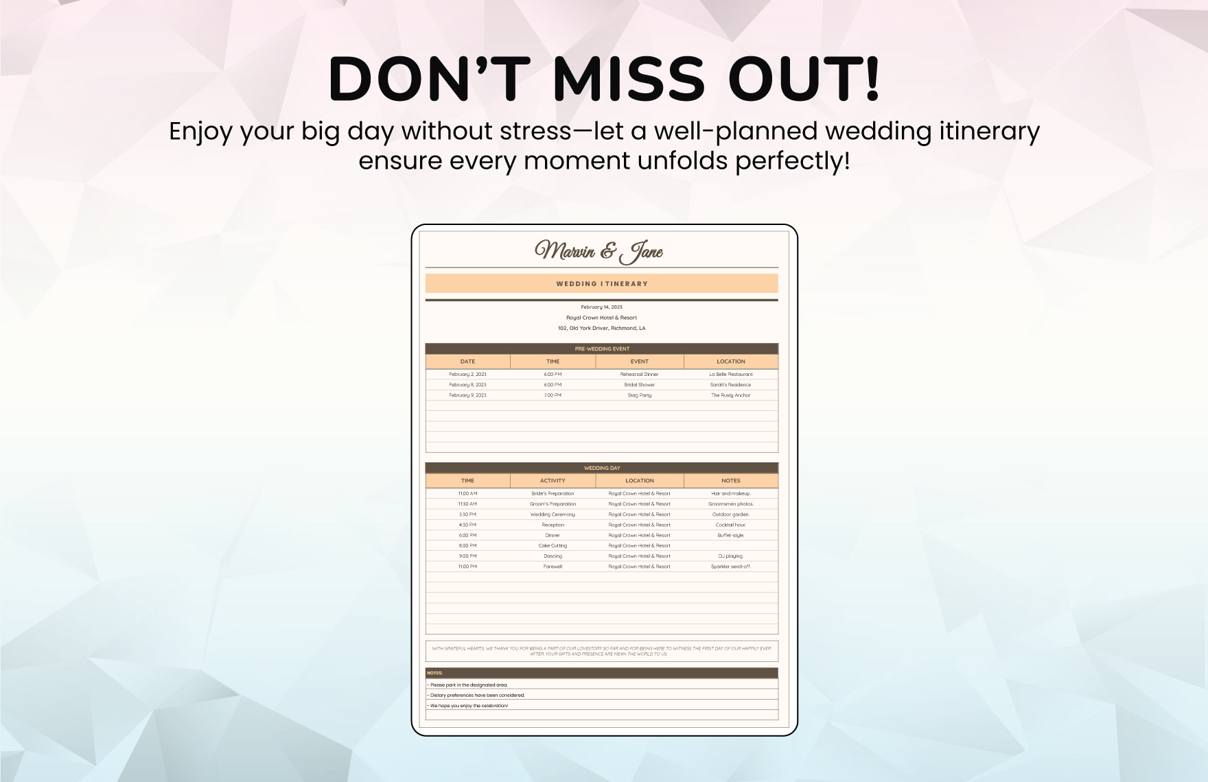 Wedding Itinerary Template