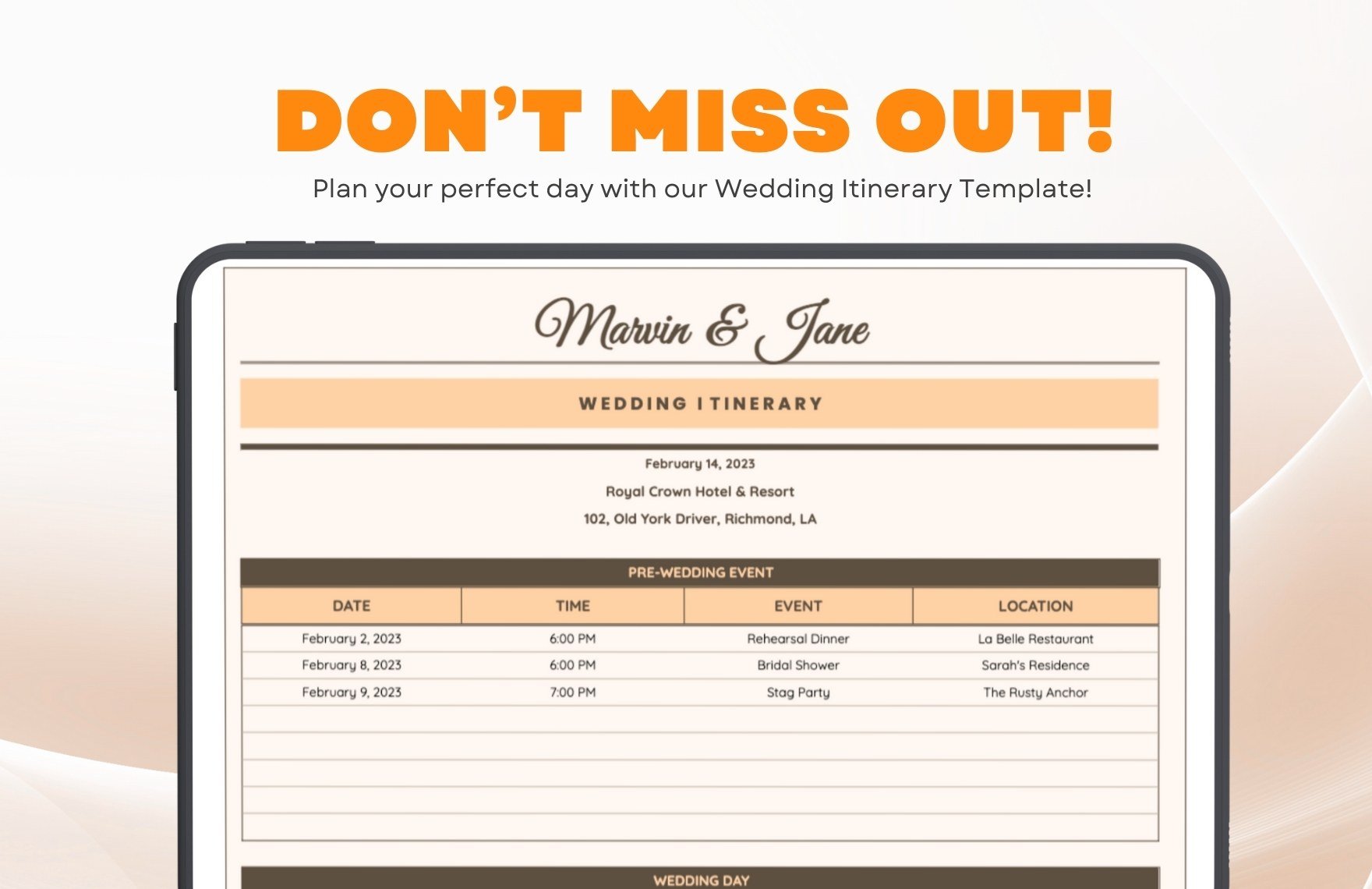 Wedding Itinerary Template