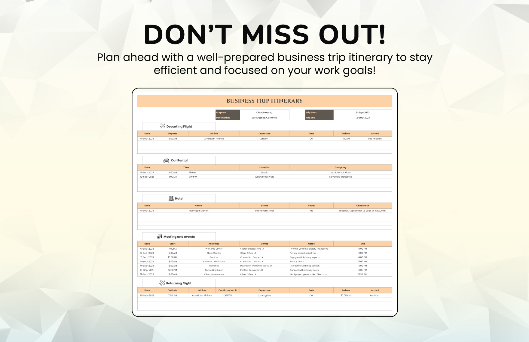 Business Trip Itinerary Template