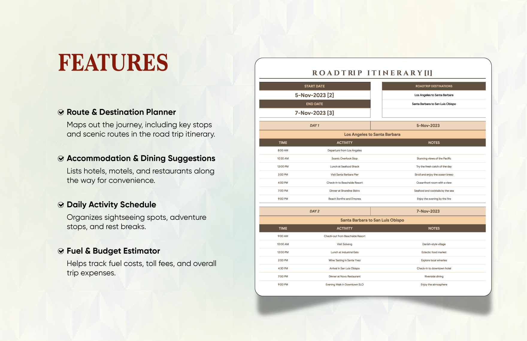 Road Trip Itinerary Template