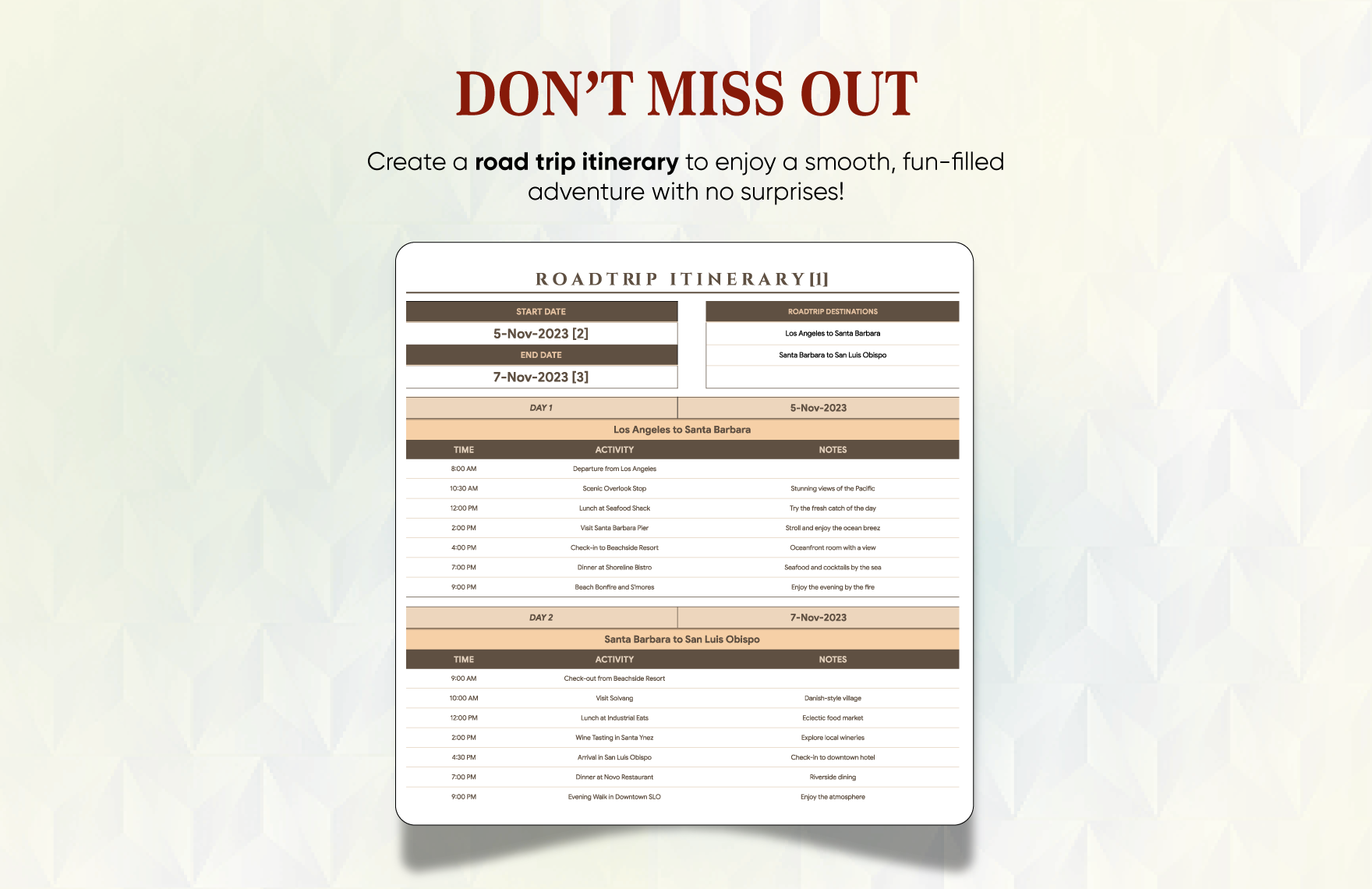 Road Trip Itinerary Template