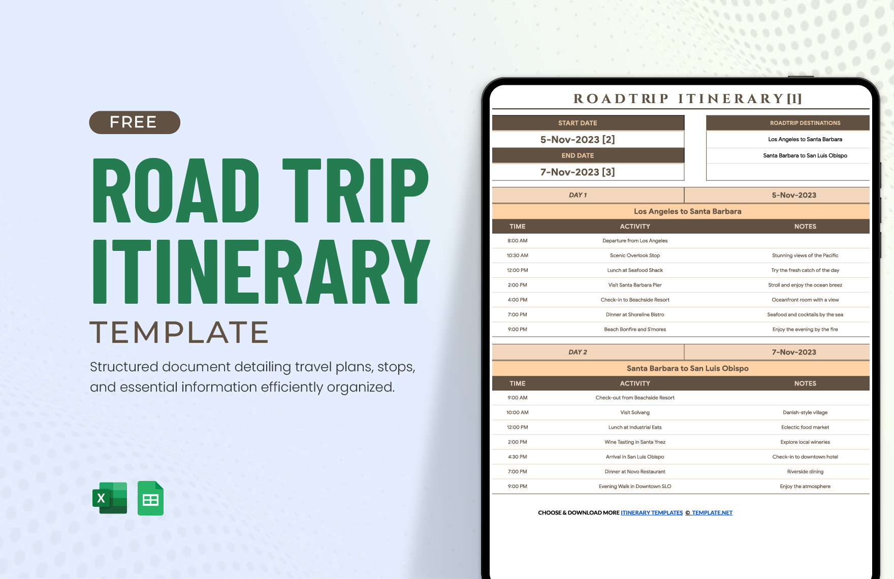 Road Trip Itinerary Template