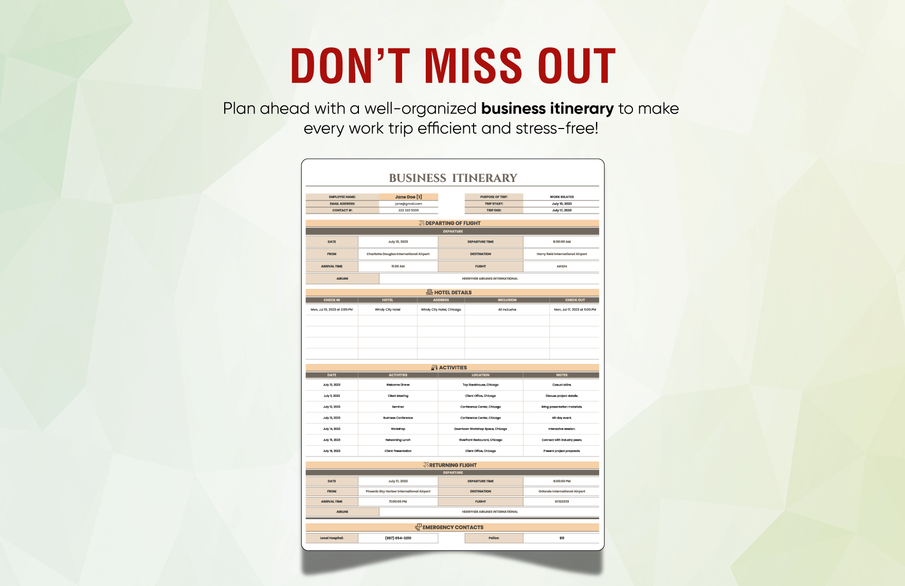 Business Itinerary Template