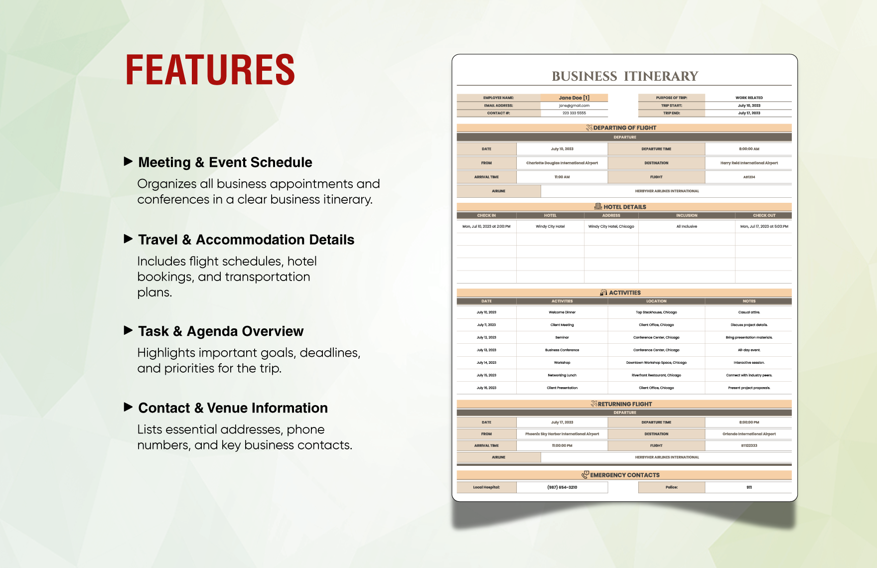 Business Itinerary Template