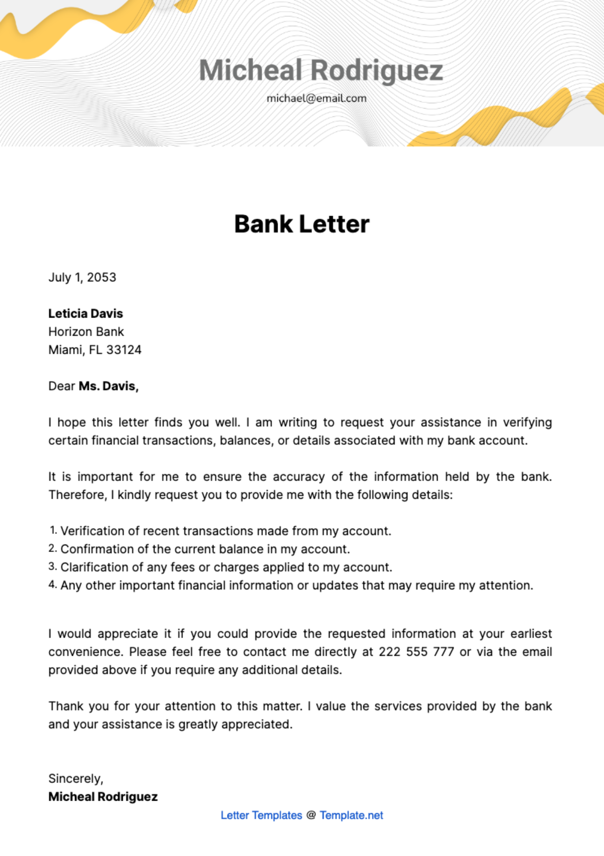 Free Bank Letter Template