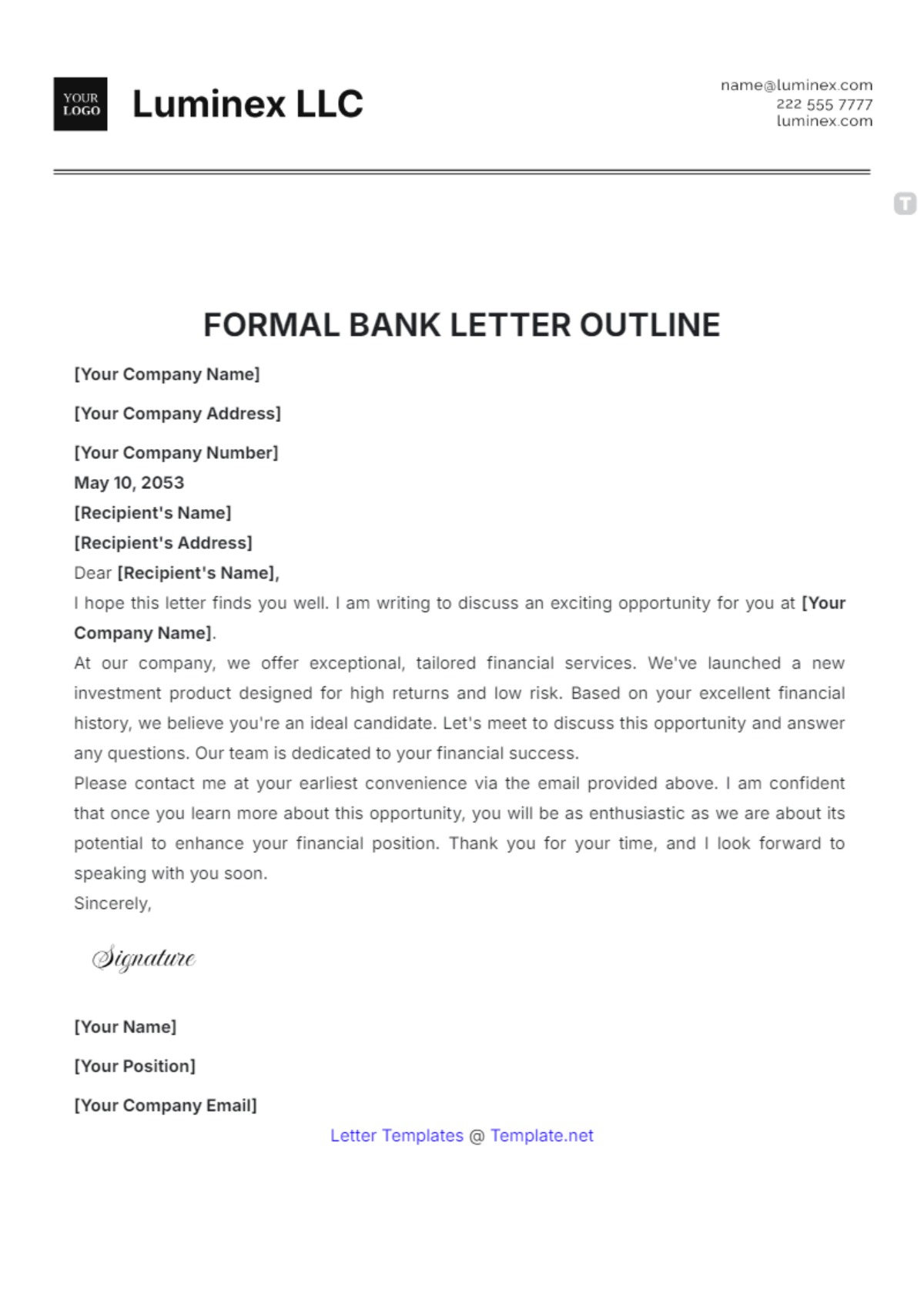 Formal Bank Letter Outline Template - Edit Online & Download