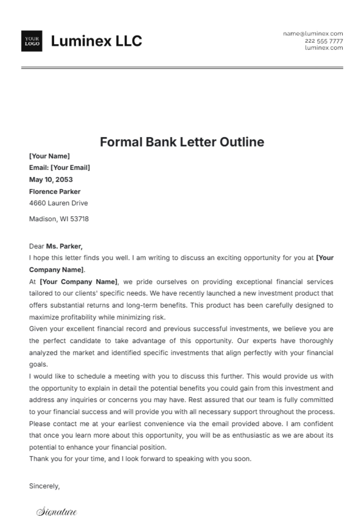 Formal Bank Letter Outline Template