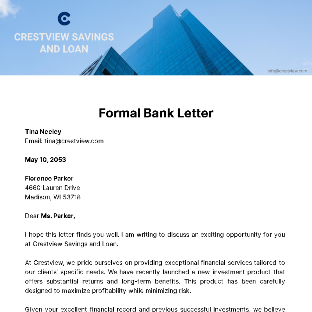Free Formal Bank Letter Template