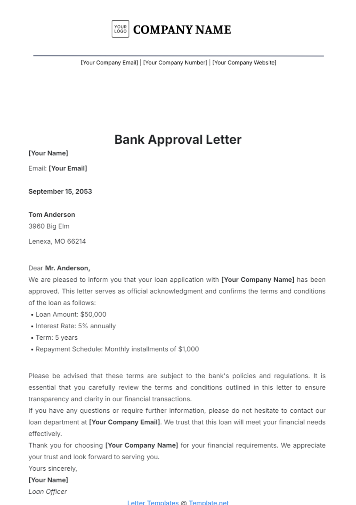 Bank Approval Letter Template