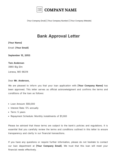 Free Bank Approval Letter Template to Edit Online