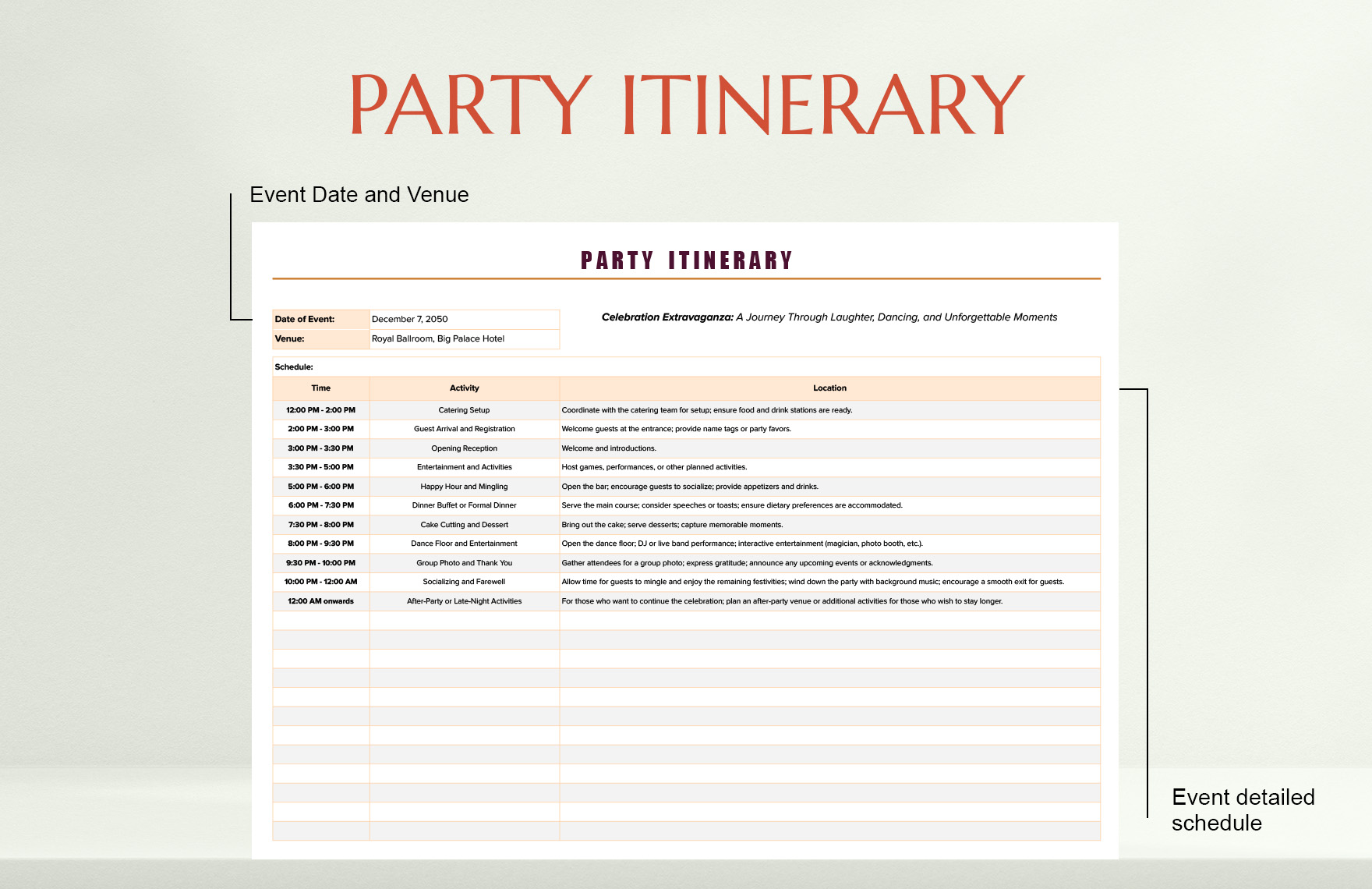 Party Itinerary Template