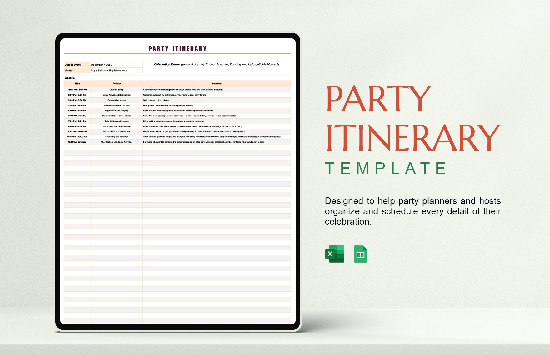 Free Party Itinerary Template in Excel, Google Sheets