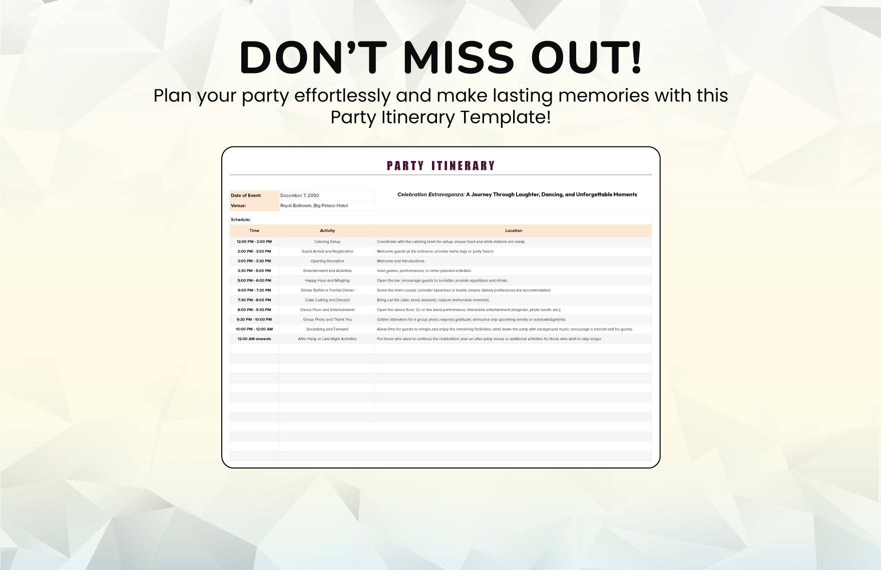 Party Itinerary Template