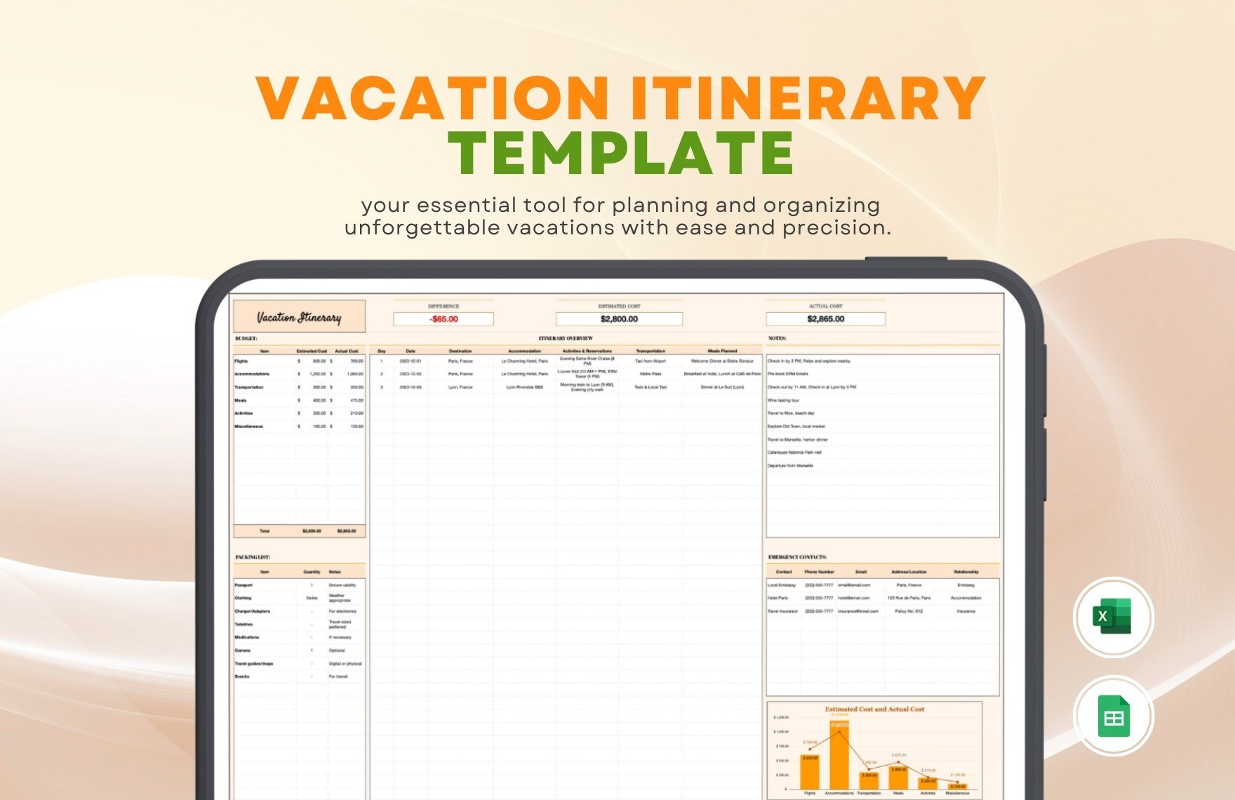 Free Vacation Itinerary Template in Excel, Google Sheets
