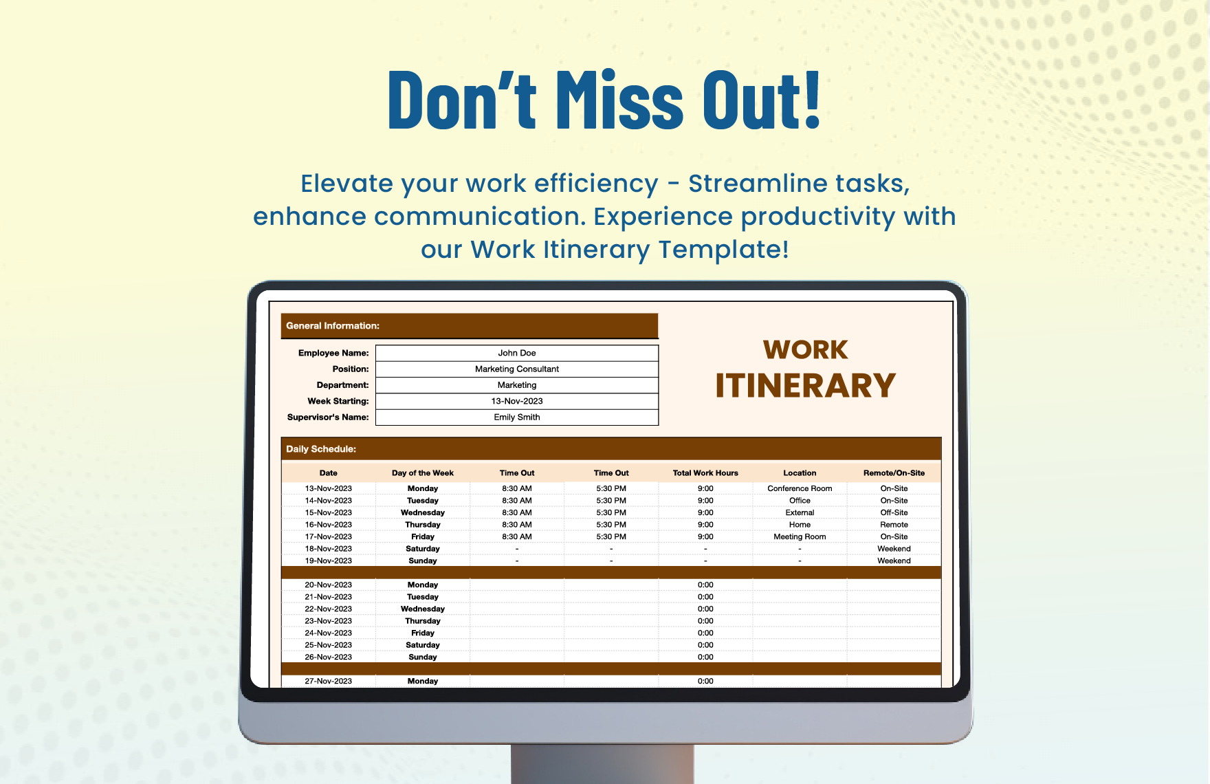 Work Itinerary Template