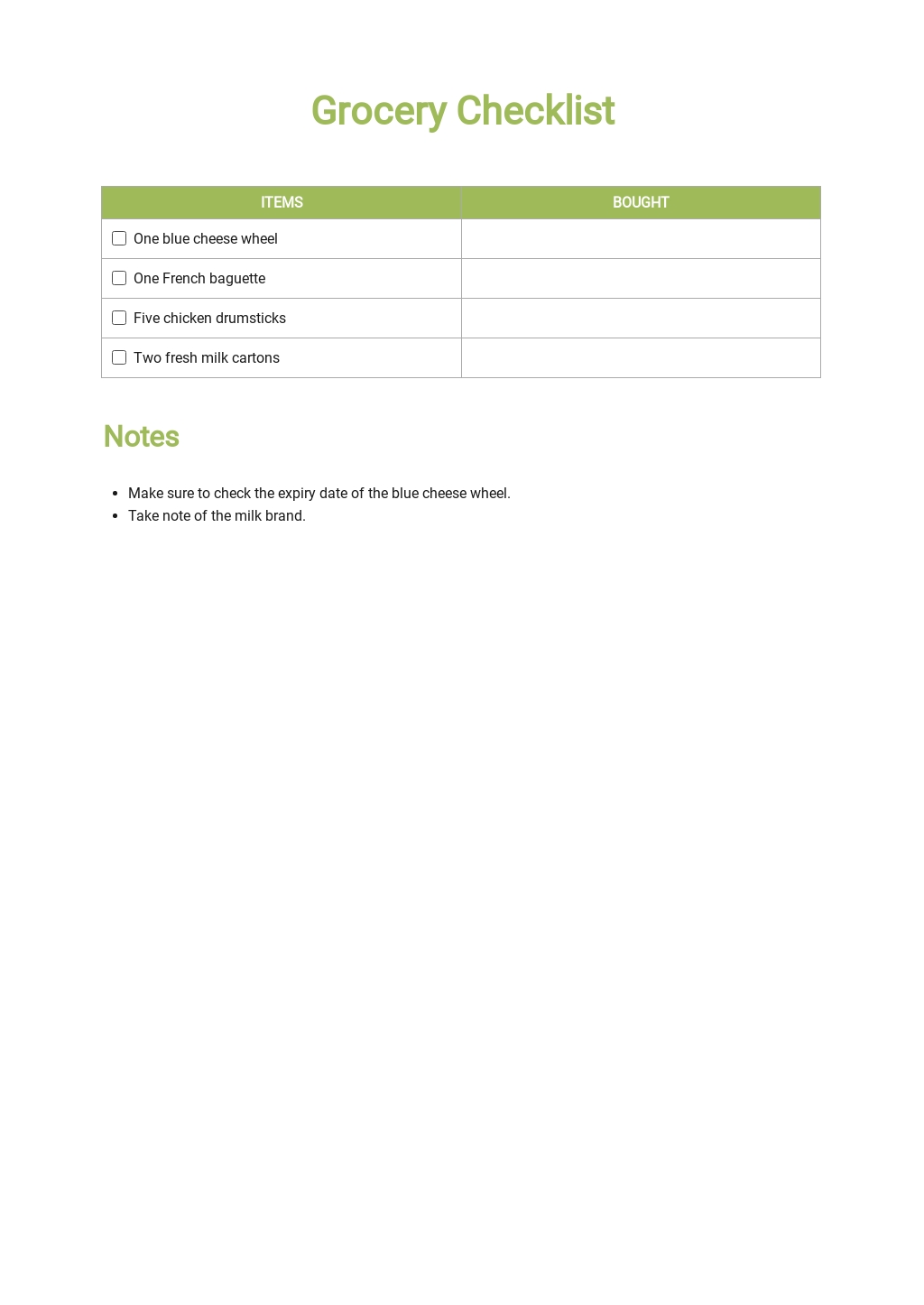 grocery checklist template