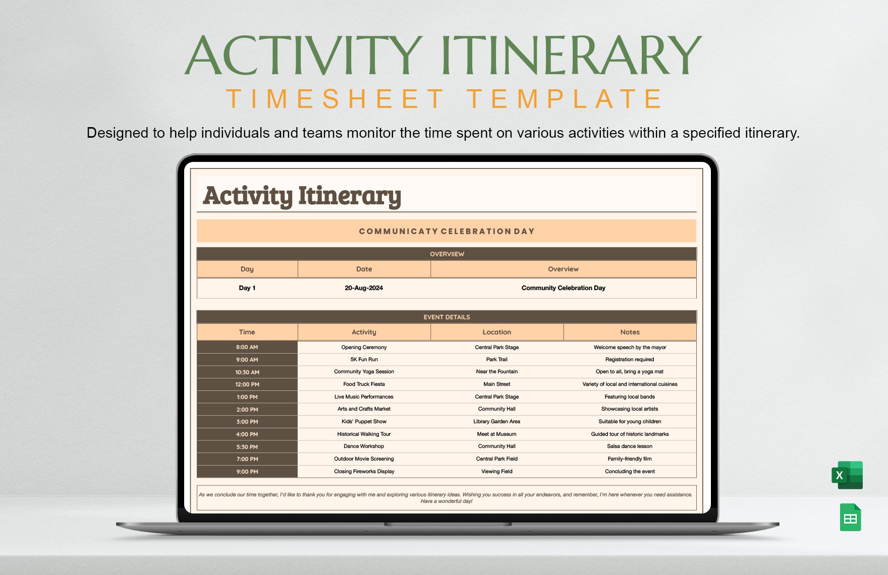 Free Activity Itinerary Template in Excel, Google Sheets