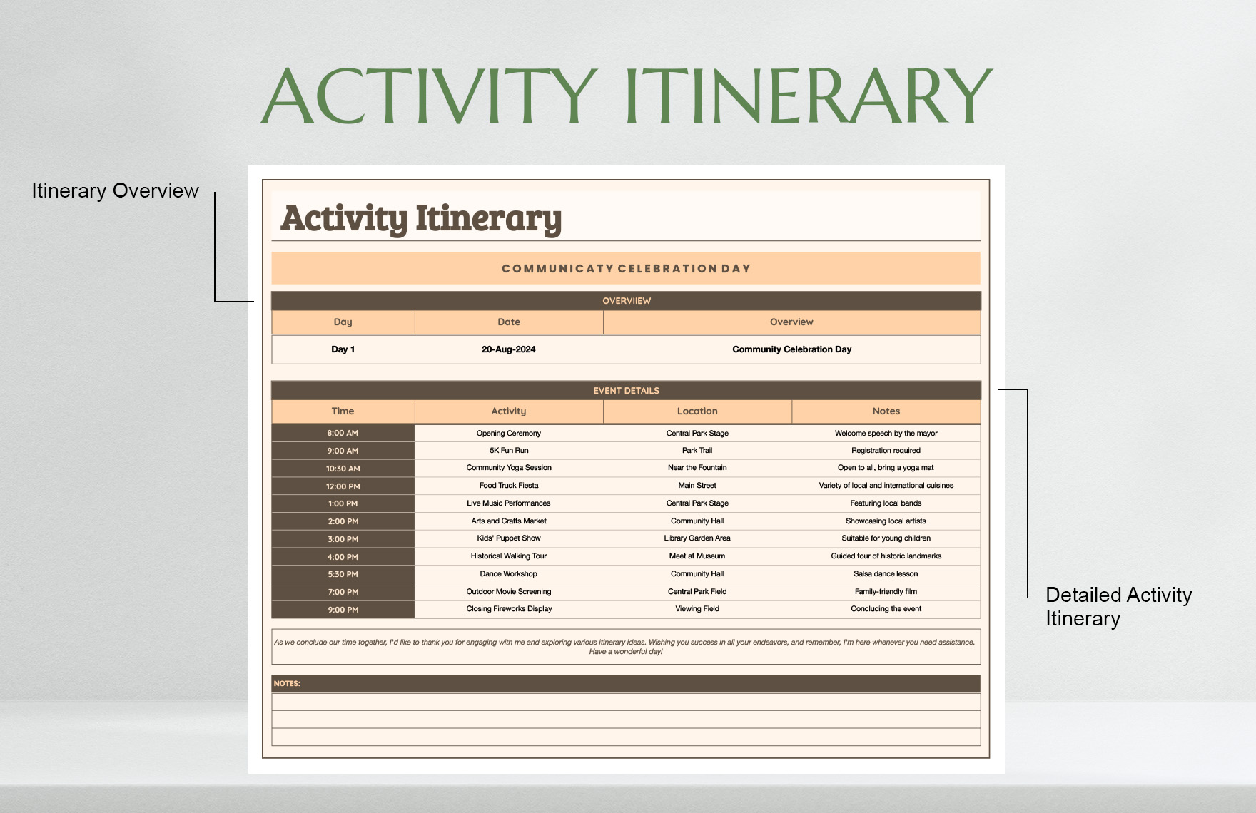 Activity Itinerary Template