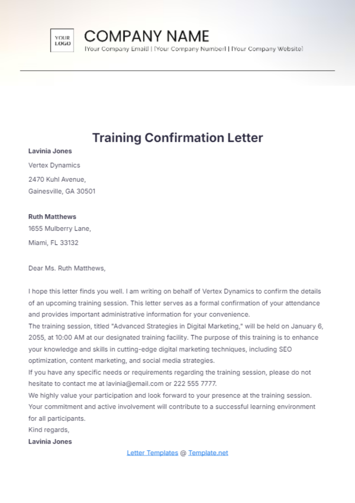 Training Confirmation Letter Template