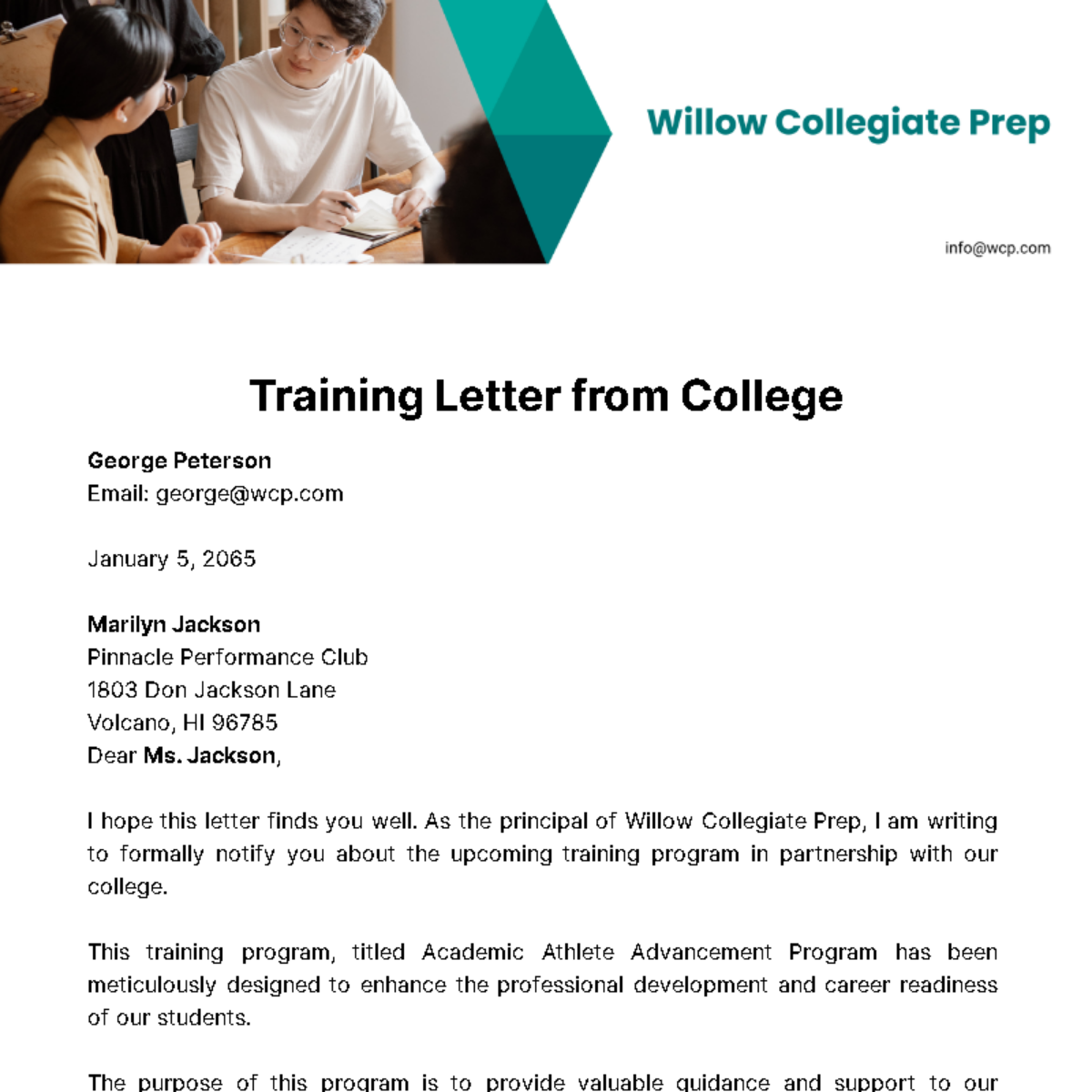 Free Training Letter from College Template