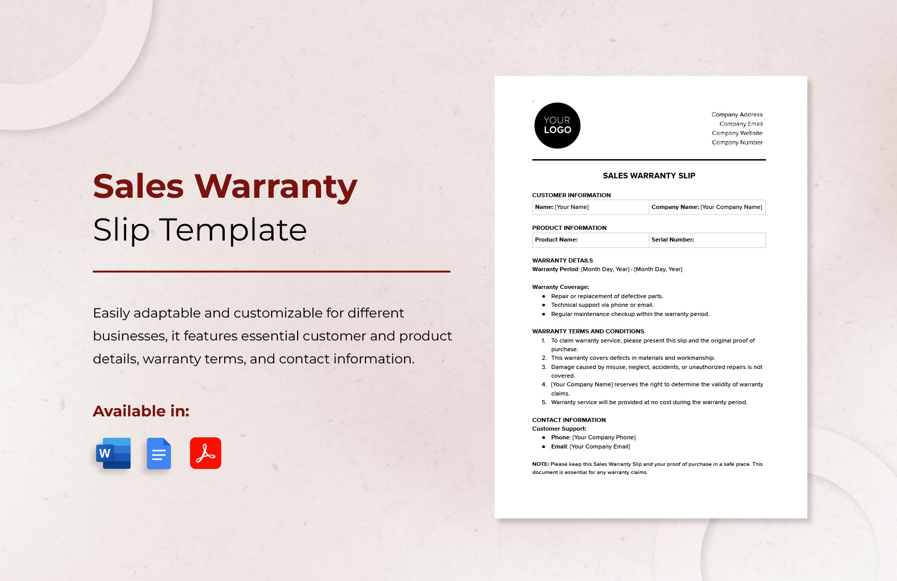 Sales Warranty Slip Template in Word, Google Docs, PDF