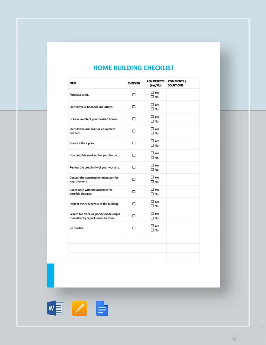 Home Building Checklist Template