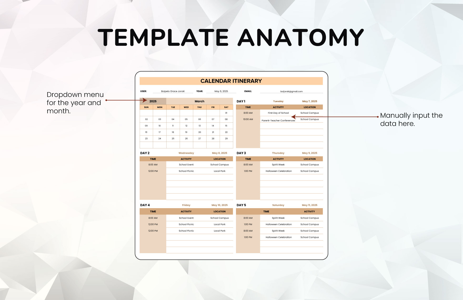 Calendar Itinerary Template