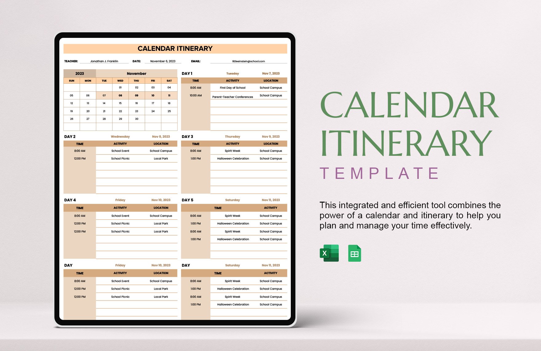 Free Calendar Itinerary Template in Excel, Google Sheets