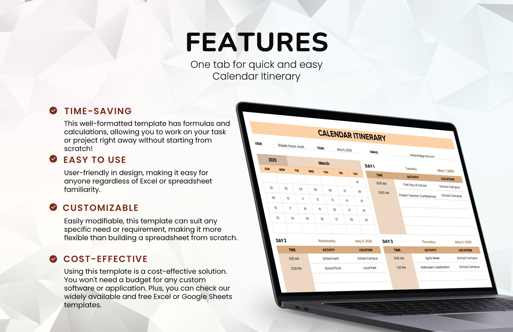 Calendar Itinerary Template