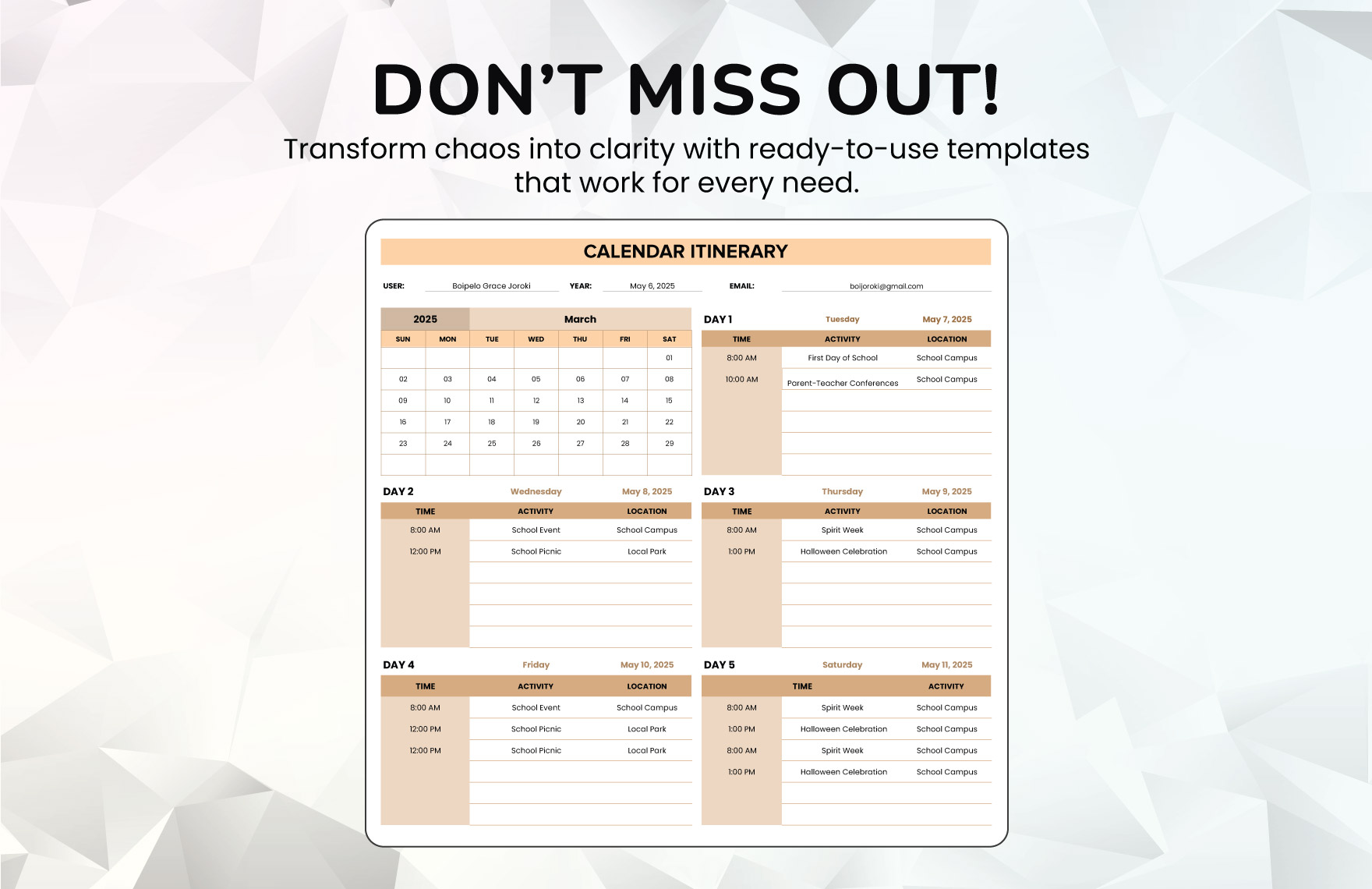 Calendar Itinerary Template